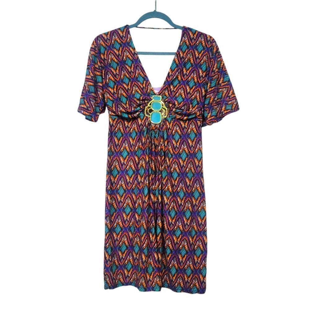 Umgee Multicolor V-Neck Dress with Geometric Pattern, Medium